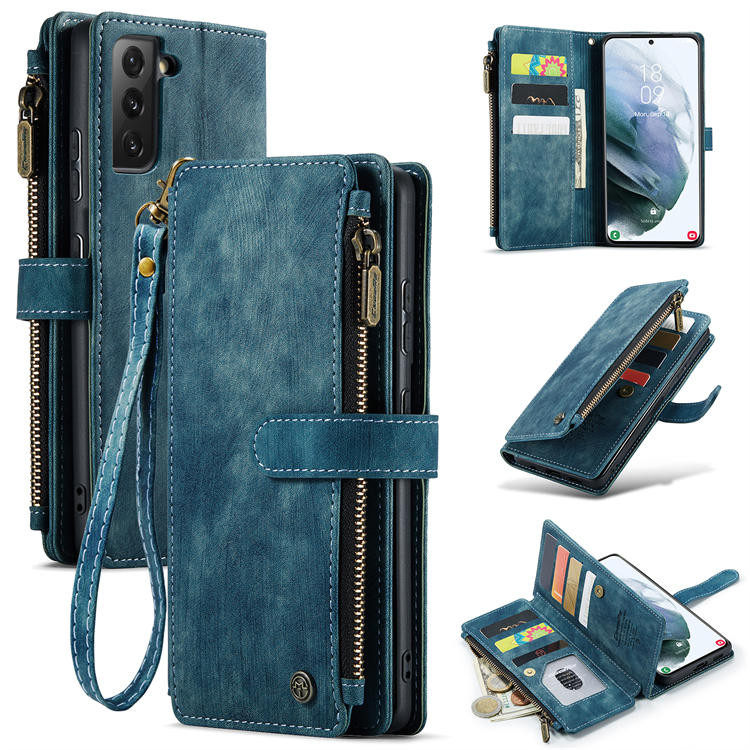 CaseMe Samsung Galaxy S21 Zipper Wallet Kickstand Case Blue