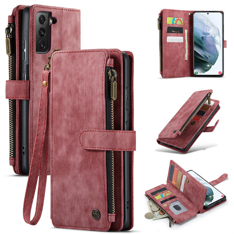 CaseMe Samsung Galaxy S21 Zipper Wallet Kickstand Case Red - Click Image to Close