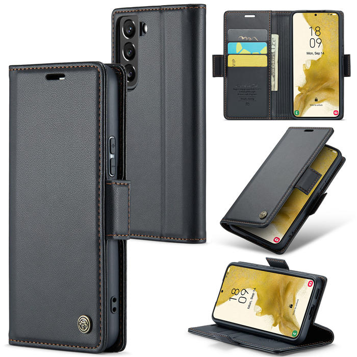 CaseMe Samsung Galaxy S22 Plus Wallet RFID Blocking Magnetic Buckle Case Black - Click Image to Close