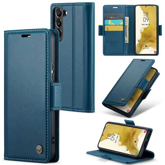 CaseMe Samsung Galaxy S22 Wallet RFID Blocking Magnetic Buckle Case Blue - Click Image to Close