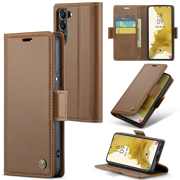 CaseMe Samsung Galaxy S22 Plus Wallet RFID Blocking Magnetic Buckle Case Brown - Click Image to Close