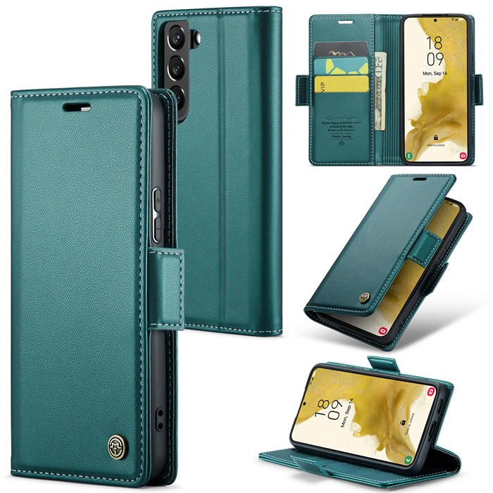 CaseMe Samsung Galaxy S22 Plus Wallet RFID Blocking Magnetic Buckle Case Green - Click Image to Close