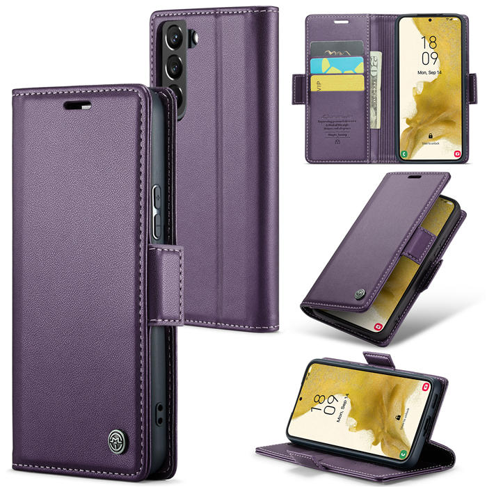 CaseMe Samsung Galaxy S22 Wallet RFID Blocking Magnetic Buckle Case Purple - Click Image to Close
