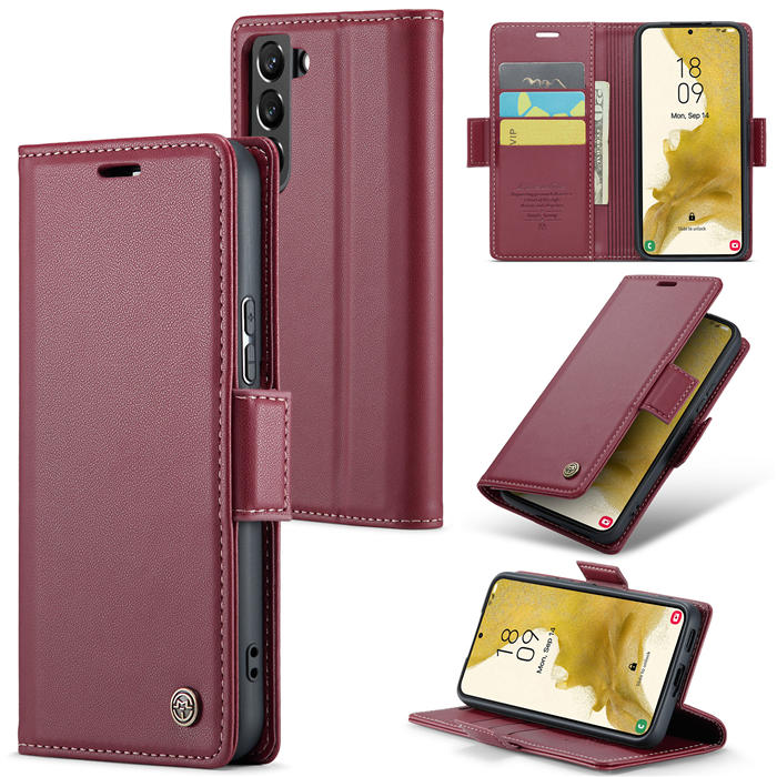 CaseMe Samsung Galaxy S22 Plus Wallet RFID Blocking Magnetic Buckle Case Red - Click Image to Close