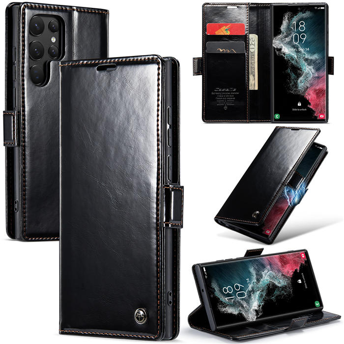 CaseMe Samsung Galaxy S22 Ultra Wallet Kickstand Magnetic Case Black - Click Image to Close