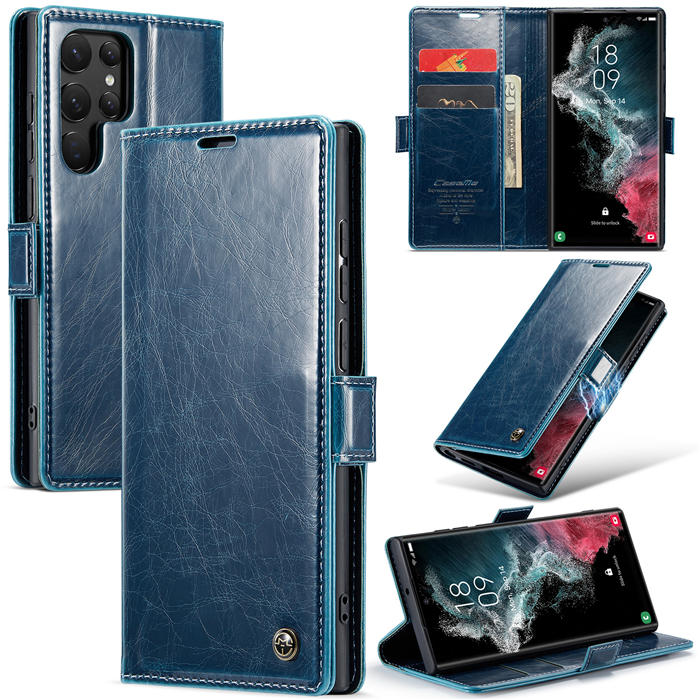 CaseMe Samsung Galaxy S22 Ultra Wallet Kickstand Magnetic Case Blue - Click Image to Close