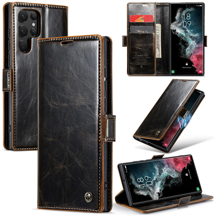 CaseMe Samsung Galaxy S22 Ultra Wallet Kickstand Magnetic Case Coffee - Click Image to Close