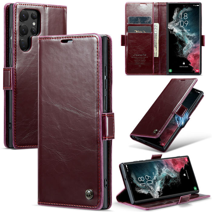 CaseMe Samsung Galaxy S22 Ultra Wallet Kickstand Magnetic Case Red - Click Image to Close