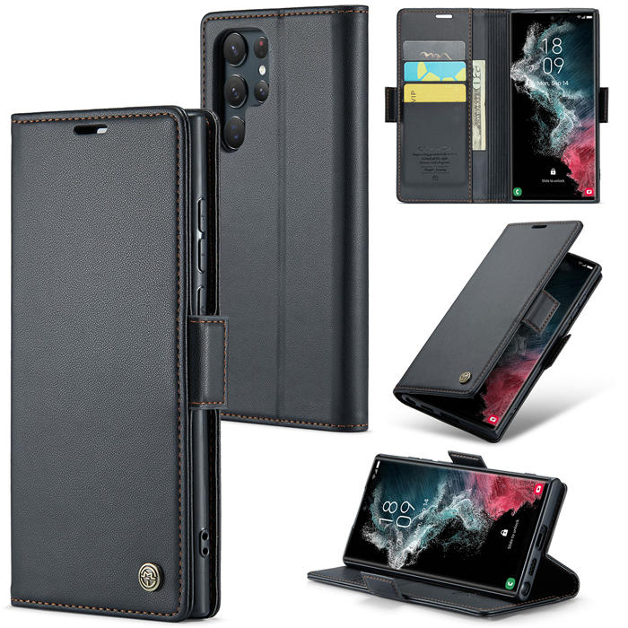 CaseMe Samsung Galaxy S22 Ultra Wallet RFID Blocking Magnetic Buckle Case Black