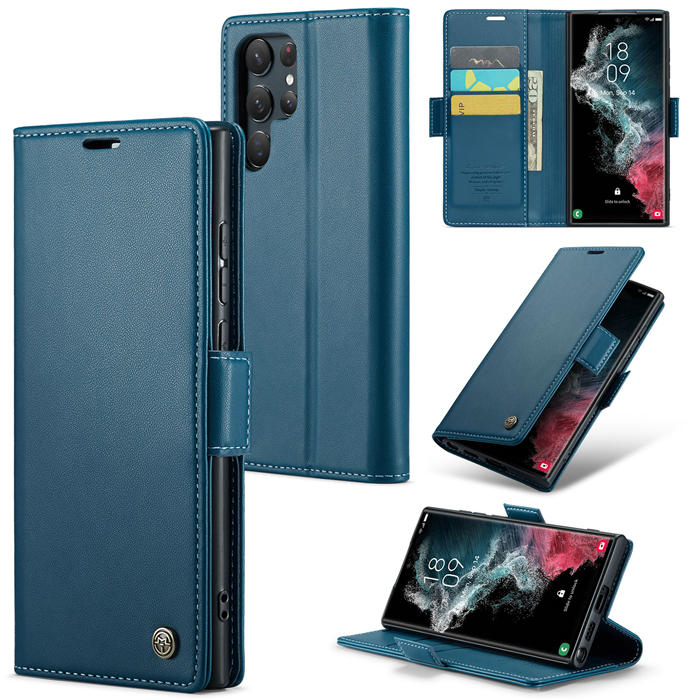 CaseMe Samsung Galaxy S22 Ultra Wallet RFID Blocking Magnetic Buckle Case Blue - Click Image to Close