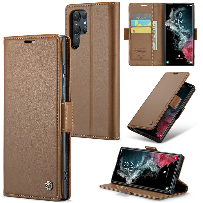 CaseMe Samsung Galaxy S22 Ultra Wallet RFID Blocking Magnetic Buckle Case Brown - Click Image to Close