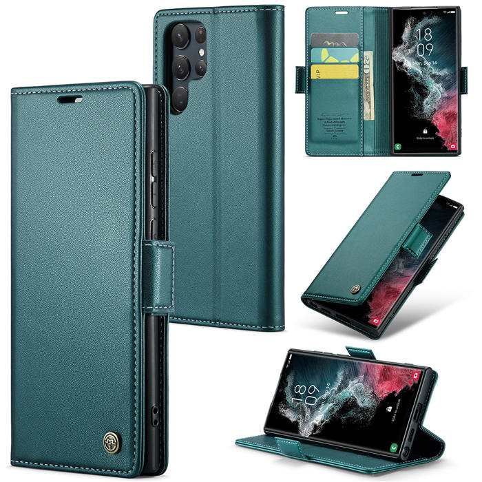 CaseMe Samsung Galaxy S22 Ultra Wallet RFID Blocking Magnetic Buckle Case Green - Click Image to Close