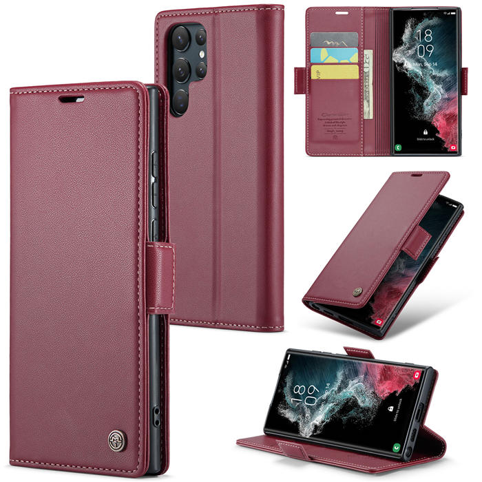 CaseMe Samsung Galaxy S22 Ultra Wallet RFID Blocking Magnetic Buckle Case Red - Click Image to Close