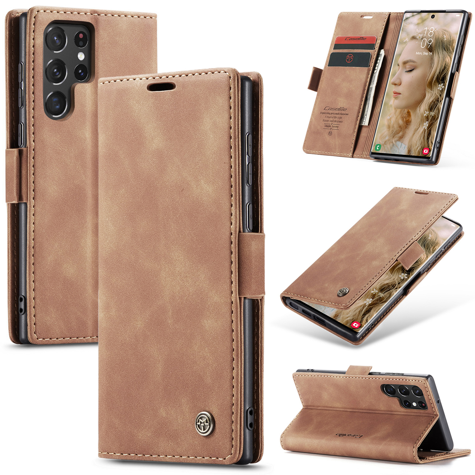 CaseMe Samsung Galaxy S22 Ultra Wallet Magnetic Case Brown - Click Image to Close