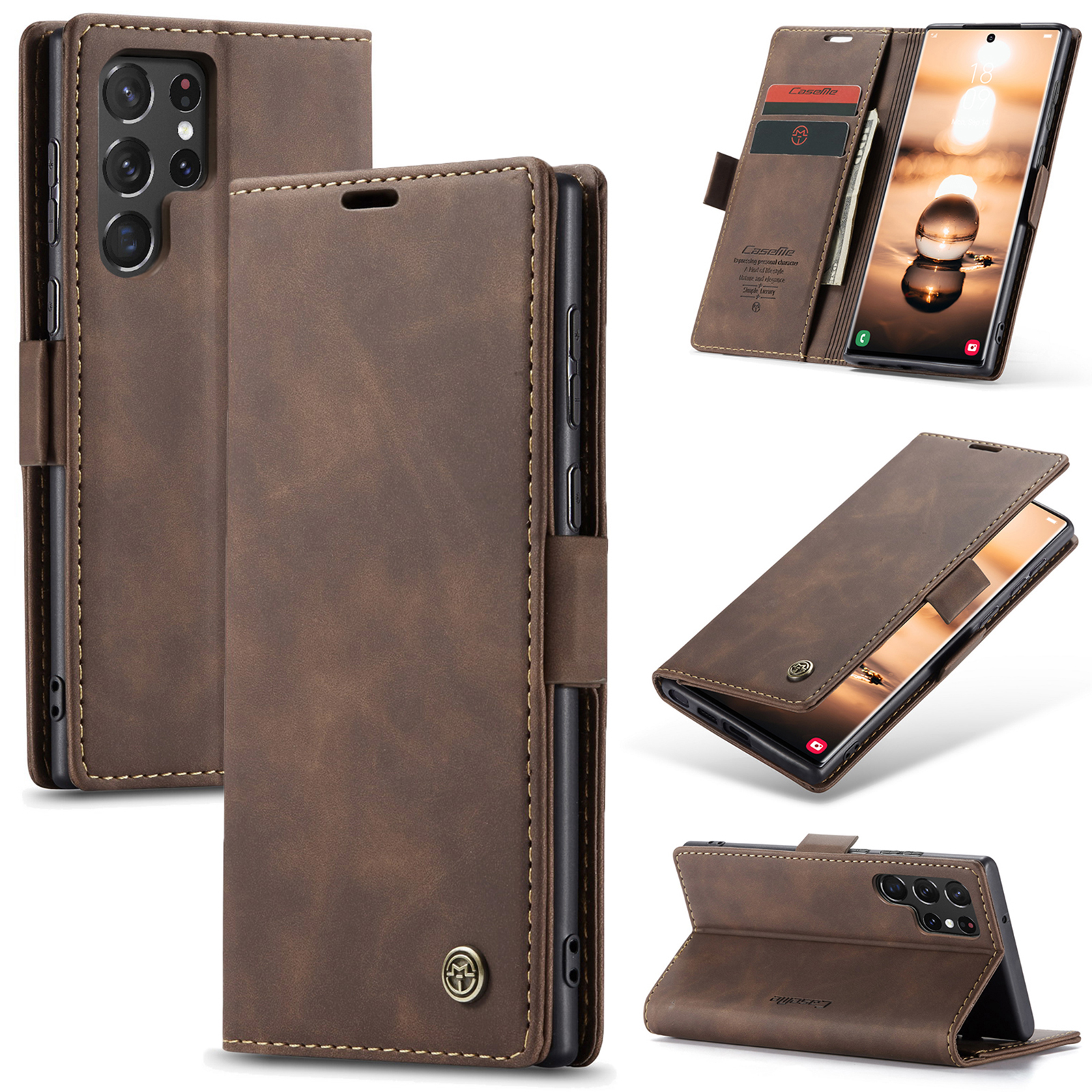 CaseMe Samsung Galaxy S22 Ultra Wallet Magnetic Case Coffee - Click Image to Close
