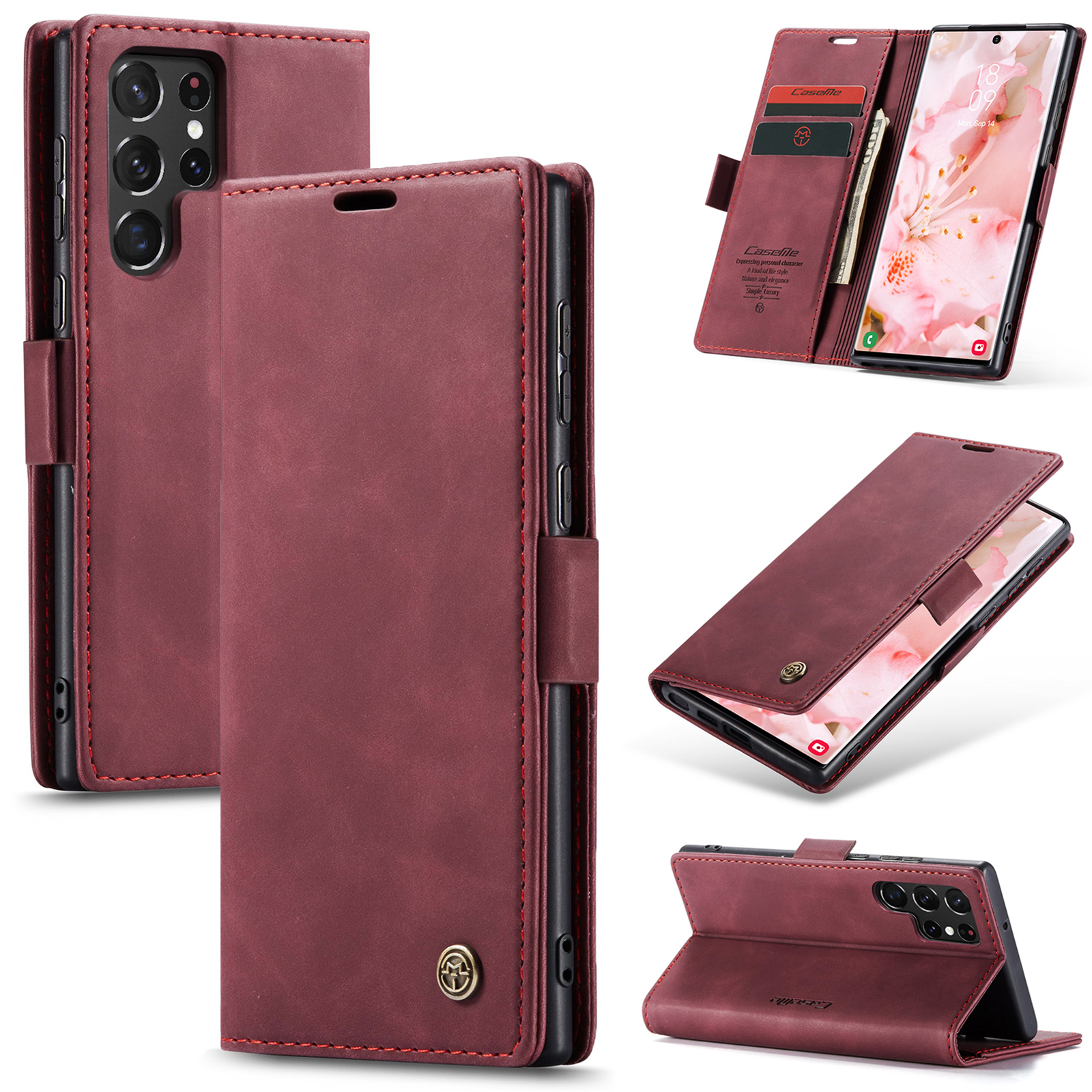 CaseMe Samsung Galaxy S22 Ultra Wallet Magnetic Case Red - Click Image to Close