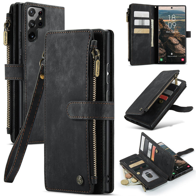CaseMe Samsung Galaxy S22 Ultra Zipper Wallet Kickstand Case Black - Click Image to Close