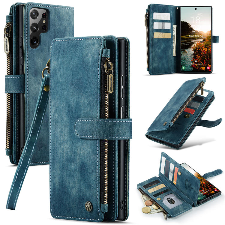 CaseMe Samsung Galaxy S22 Ultra Zipper Wallet Kickstand Case Blue - Click Image to Close