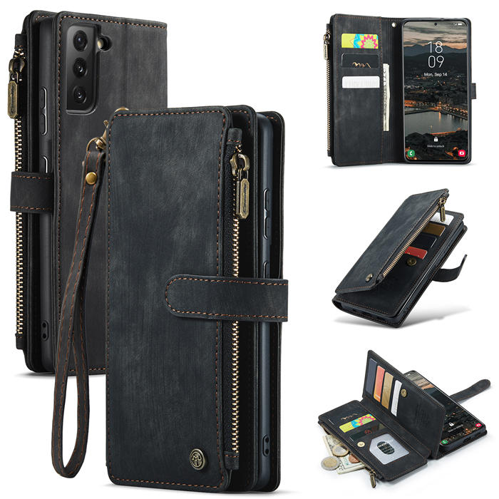 CaseMe Samsung Galaxy S22 Plus Zipper Wallet Kickstand Case Black