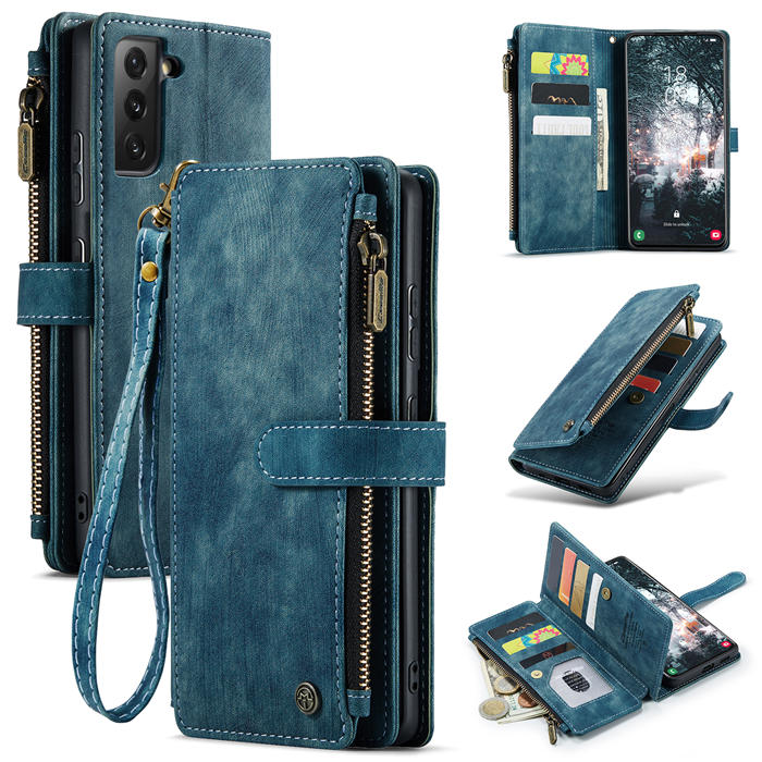 CaseMe Samsung Galaxy S22 Zipper Wallet Kickstand Case Blue - Click Image to Close