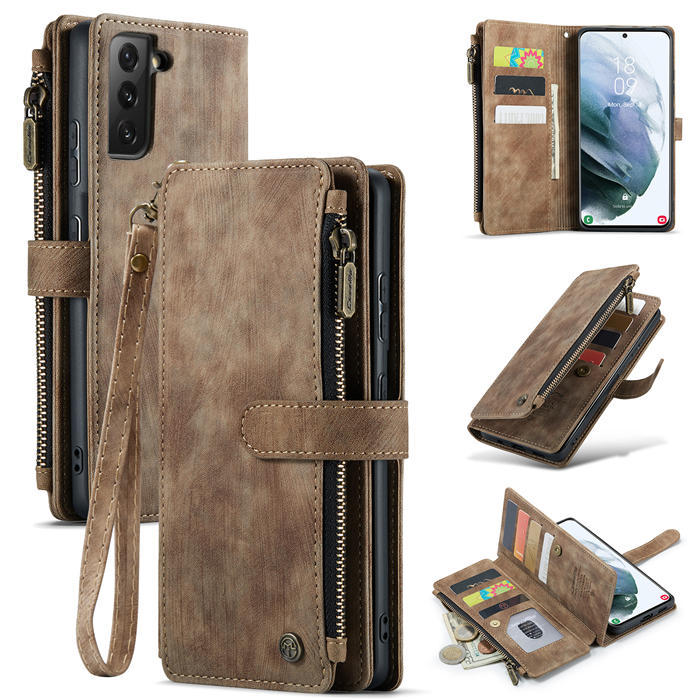 CaseMe Samsung Galaxy S22 Zipper Wallet Kickstand Case Coffee