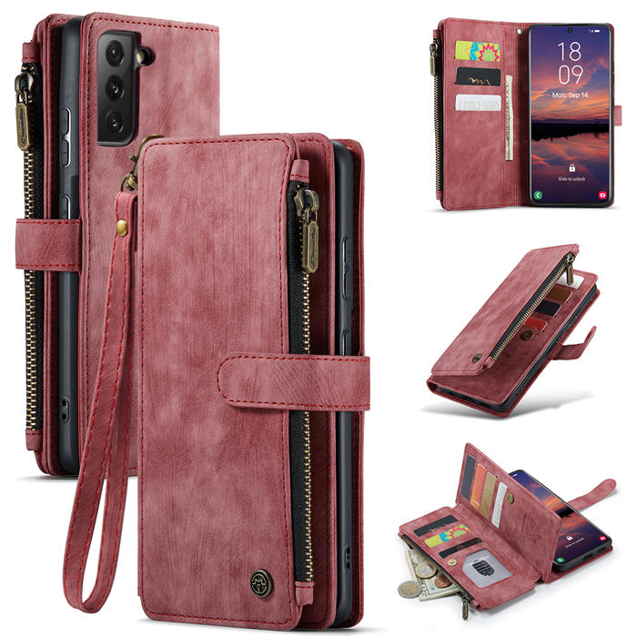 CaseMe Samsung Galaxy S22 Zipper Wallet Kickstand Case Red - Click Image to Close