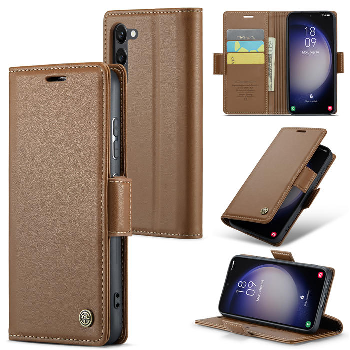 CaseMe Samsung Galaxy S23 Wallet RFID Blocking Magnetic Buckle Case Brown - Click Image to Close