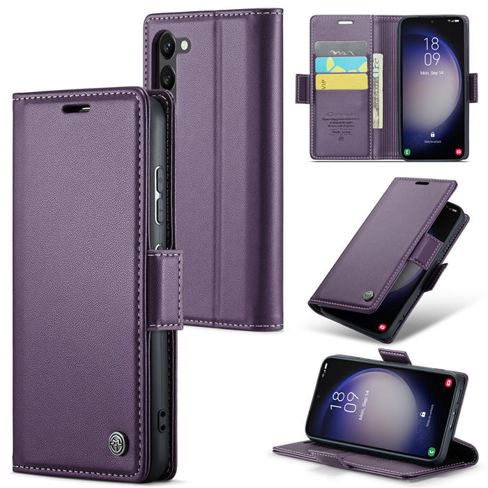 CaseMe Samsung Galaxy S23 Wallet RFID Blocking Magnetic Buckle Case Purple - Click Image to Close