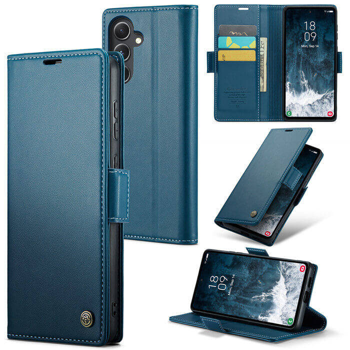 CaseMe Samsung Galaxy S23 FE Wallet RFID Blocking Magnetic Buckle Case Blue - Click Image to Close