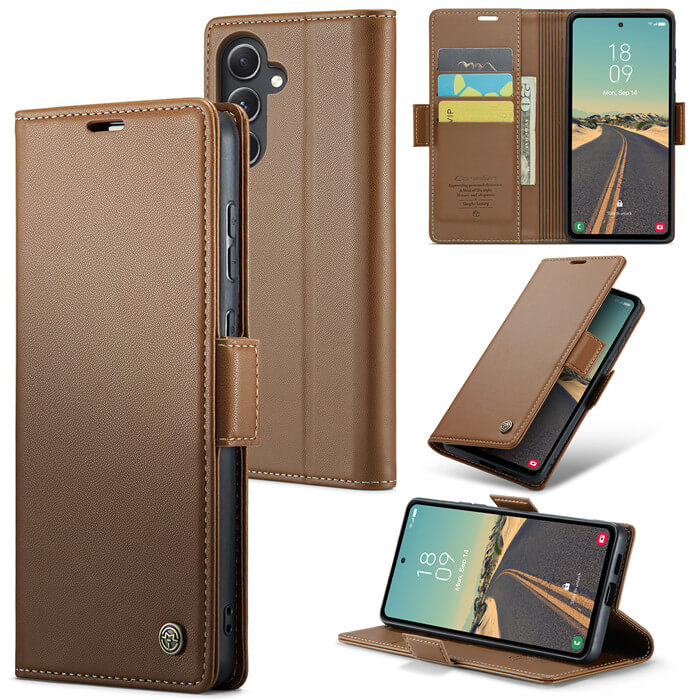 CaseMe Samsung Galaxy S23 FE Wallet RFID Blocking Magnetic Buckle Case Brown - Click Image to Close