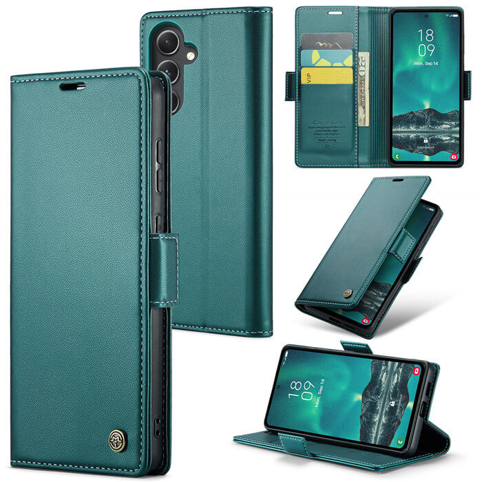 CaseMe Samsung Galaxy S23 FE Wallet RFID Blocking Magnetic Buckle Case Green - Click Image to Close