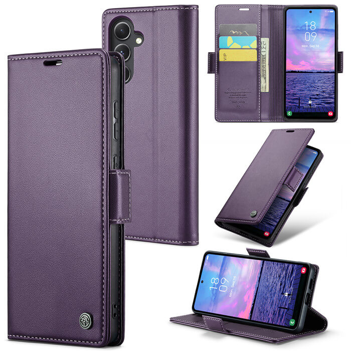 CaseMe Samsung Galaxy S23 FE Wallet RFID Blocking Magnetic Buckle Case Purple - Click Image to Close