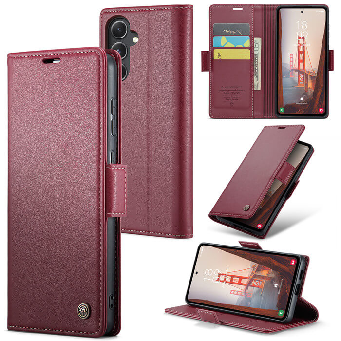 CaseMe Samsung Galaxy S23 FE Wallet RFID Blocking Magnetic Buckle Case Red - Click Image to Close
