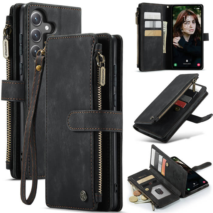 CaseMe Samsung Galaxy S23 FE Wallet kickstand Case with Wrist Strap Black - Click Image to Close