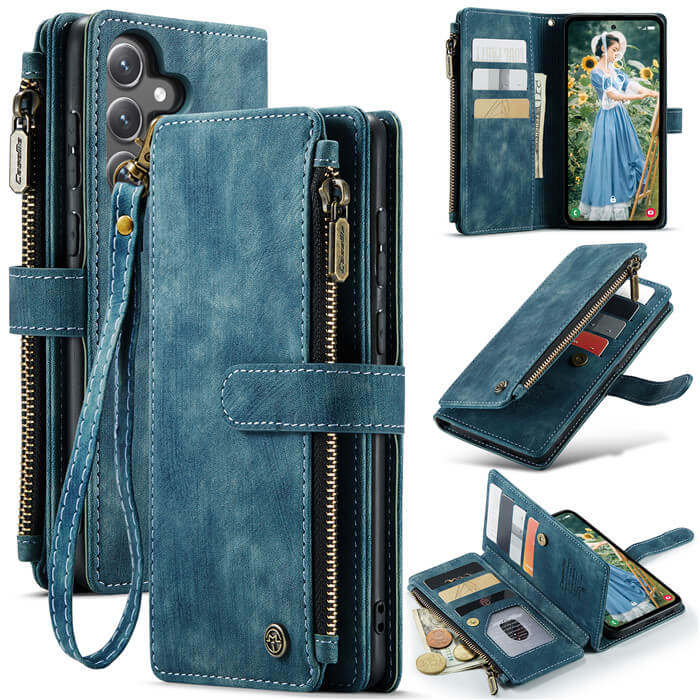 CaseMe Samsung Galaxy S23 FE Wallet kickstand Case with Wrist Strap Blue - Click Image to Close