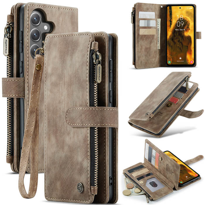 CaseMe Samsung Galaxy S23 FE Wallet kickstand Case with Wrist Strap Coffee - Click Image to Close