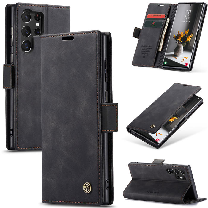 CaseMe Samsung Galaxy S23 Ultra Wallet Retro Leather Case Black - Click Image to Close