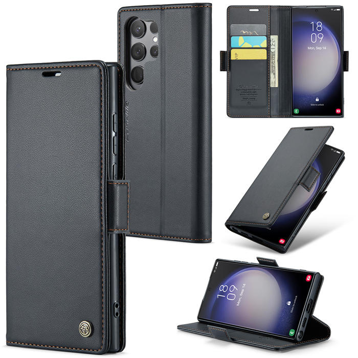 CaseMe Samsung Galaxy S23 Ultra Wallet RFID Blocking Magnetic Buckle Case Black - Click Image to Close