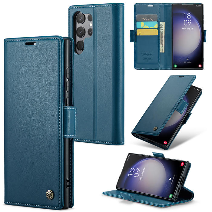 CaseMe Samsung Galaxy S23 Ultra Wallet RFID Blocking Magnetic Buckle Case Blue