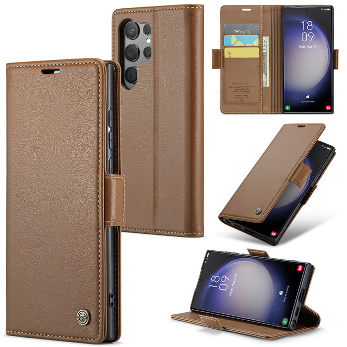 CaseMe Samsung Galaxy S23 Ultra Wallet RFID Blocking Magnetic Buckle Case Brown - Click Image to Close
