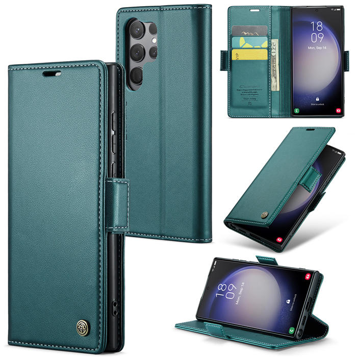 CaseMe Samsung Galaxy S23 Ultra Wallet RFID Blocking Magnetic Buckle Case Green - Click Image to Close