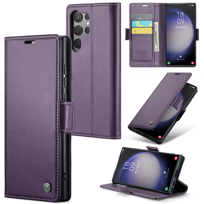CaseMe Samsung Galaxy S23 Ultra Wallet RFID Blocking Magnetic Buckle Case Purple - Click Image to Close