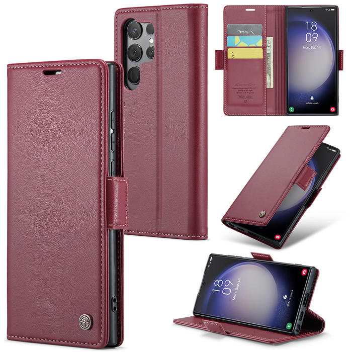 CaseMe Samsung Galaxy S23 Ultra Wallet RFID Blocking Magnetic Buckle Case Red - Click Image to Close