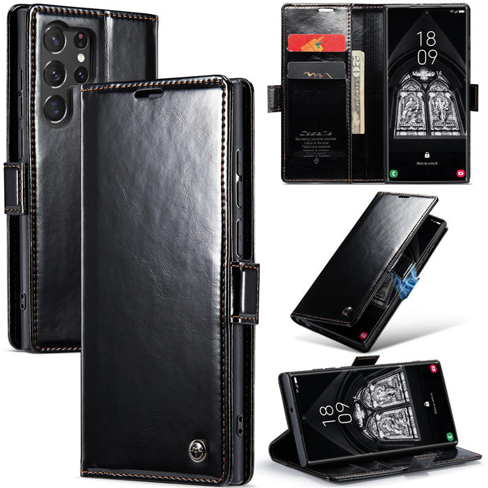CaseMe Samsung Galaxy S23 Ultra Luxury Retro Wallet Case Black