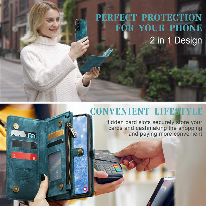 CaseMe Samsung Galaxy S23 Plus Zipper Wallet Magnetic Detachable 2 in 1 Case with Wrist Strap