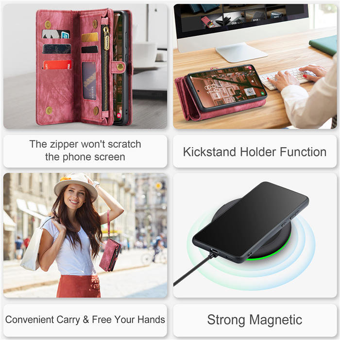 CaseMe Samsung Galaxy S23 Zipper Wallet Magnetic Detachable 2 in 1 Case with Wrist Strap