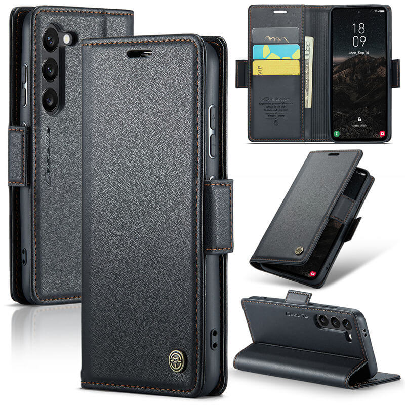 CaseMe Samsung Galaxy S24 Wallet RFID Blocking Magnetic Buckle Case Black