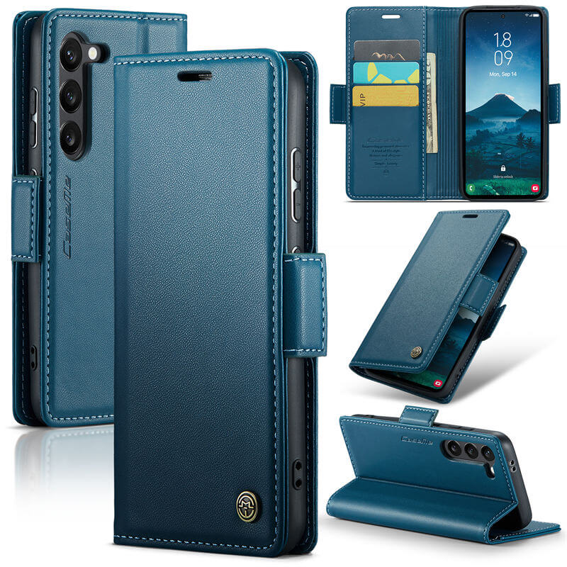 CaseMe Samsung Galaxy S24 Wallet RFID Blocking Magnetic Buckle Case Blue - Click Image to Close