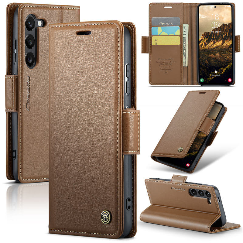 CaseMe Samsung Galaxy S24 Plus Wallet RFID Blocking Magnetic Buckle Case Brown - Click Image to Close