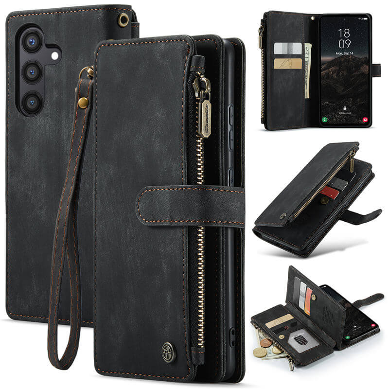 CaseMe Samsung Galaxy S24 Wallet kickstand Case with Wrist Strap Black